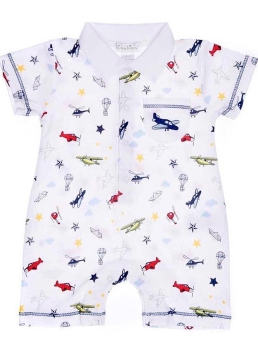 Kissy Kissy Kids 3-6M‎ Collared Aviators Short Playsuit Pima Cotton Full Snap